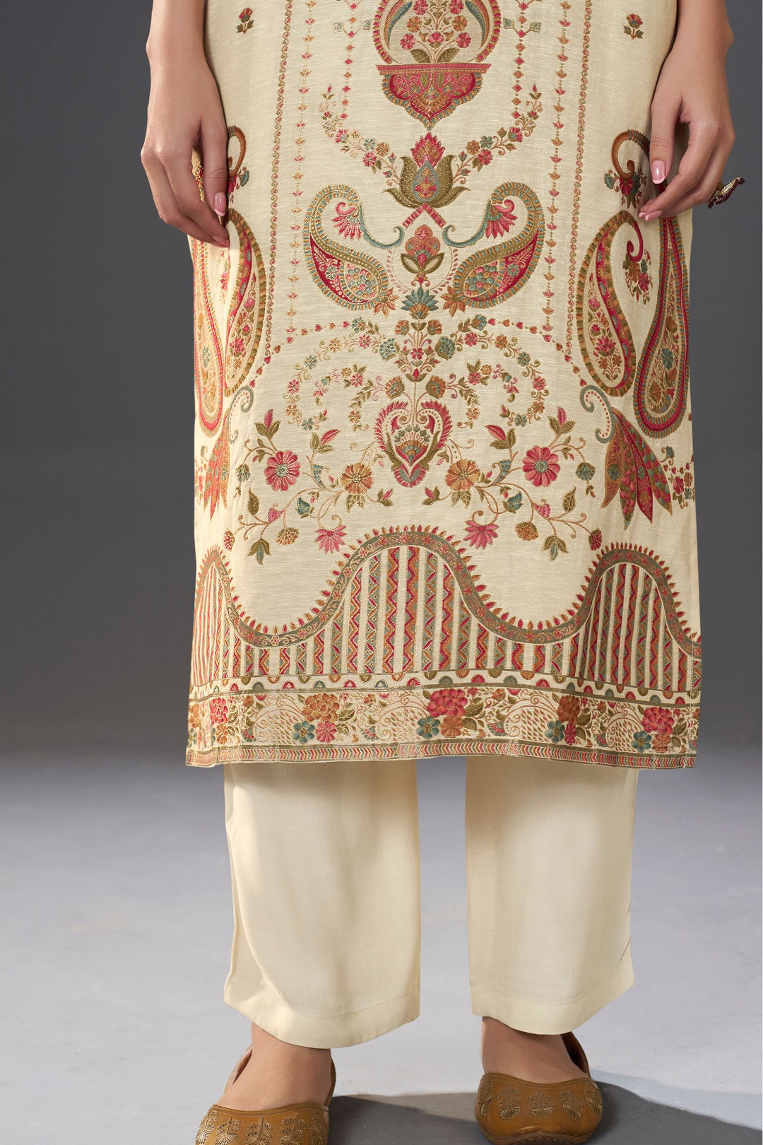 Beige Beads and Multicolor Banaras work Straight Cut Salwar Suit