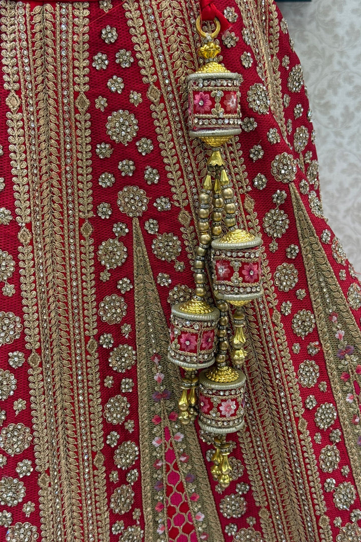 Designer Bridal Red Lehenga with Rich Multicolor Embroidery, Stone and Mirror Work