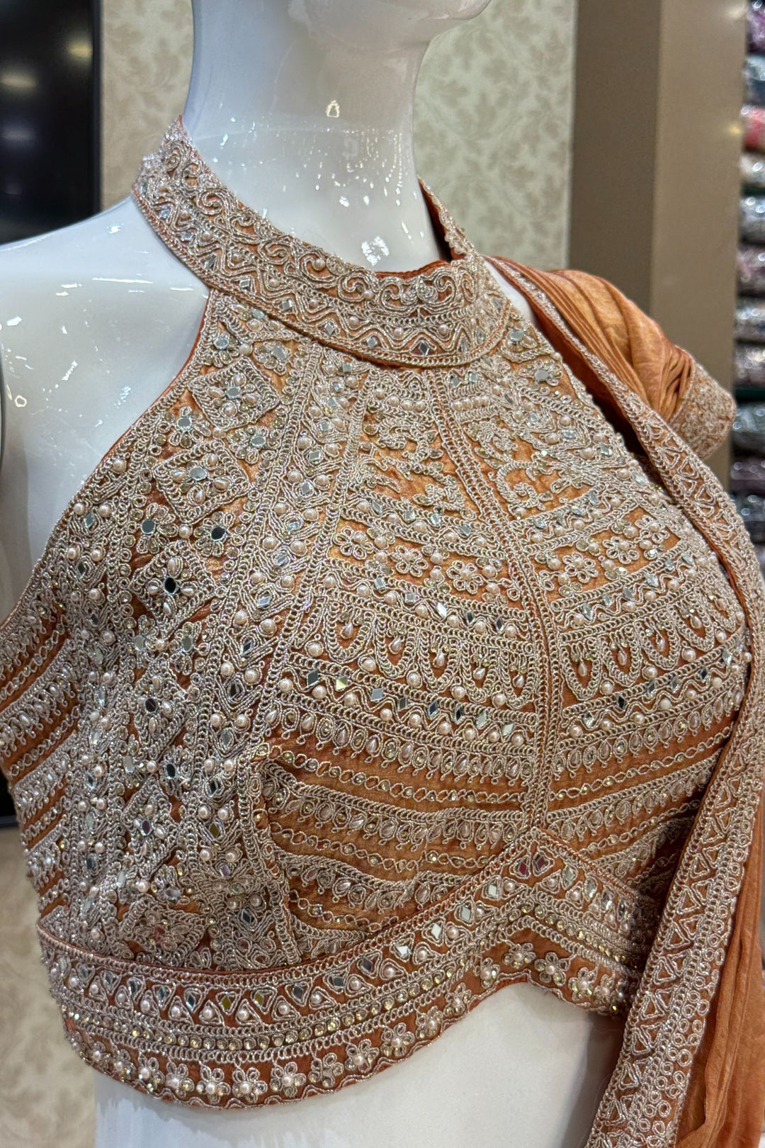 Orange Readymade Saree with Pearl, Zari Thread, Mirror and Stone work Readymade Blouse
