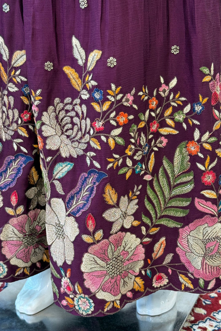 Wine Floral Embroidered Palazzo Set