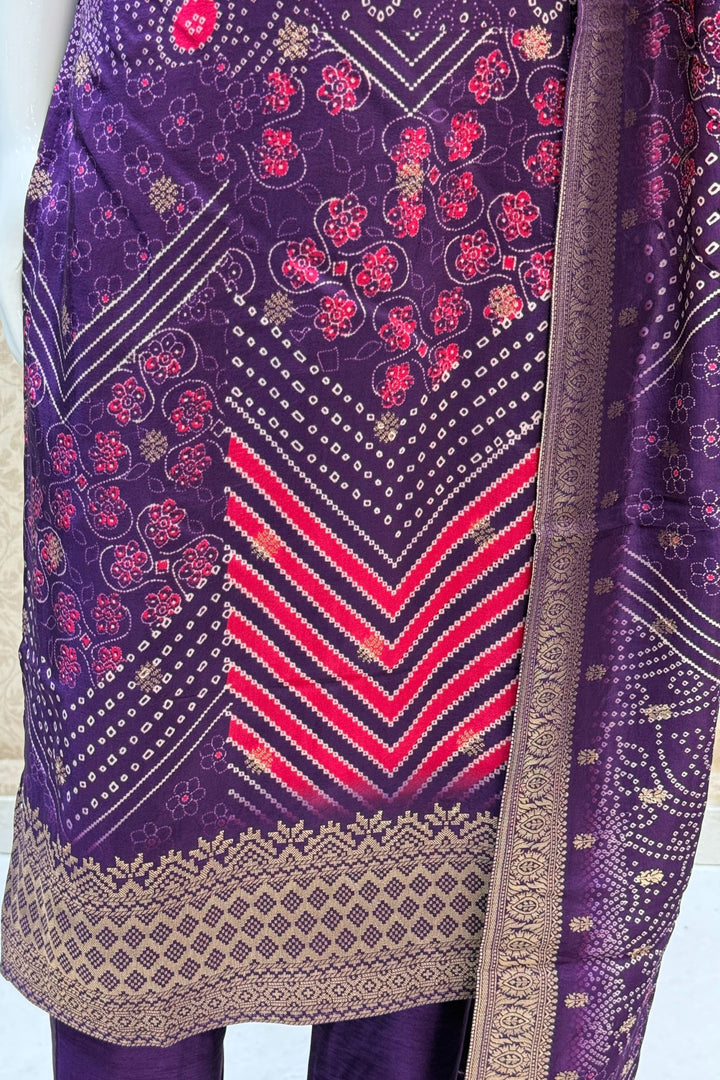 Purple Mirror, Kundan and Banaras work with Bandini Print Straight Cut Salwar Suit