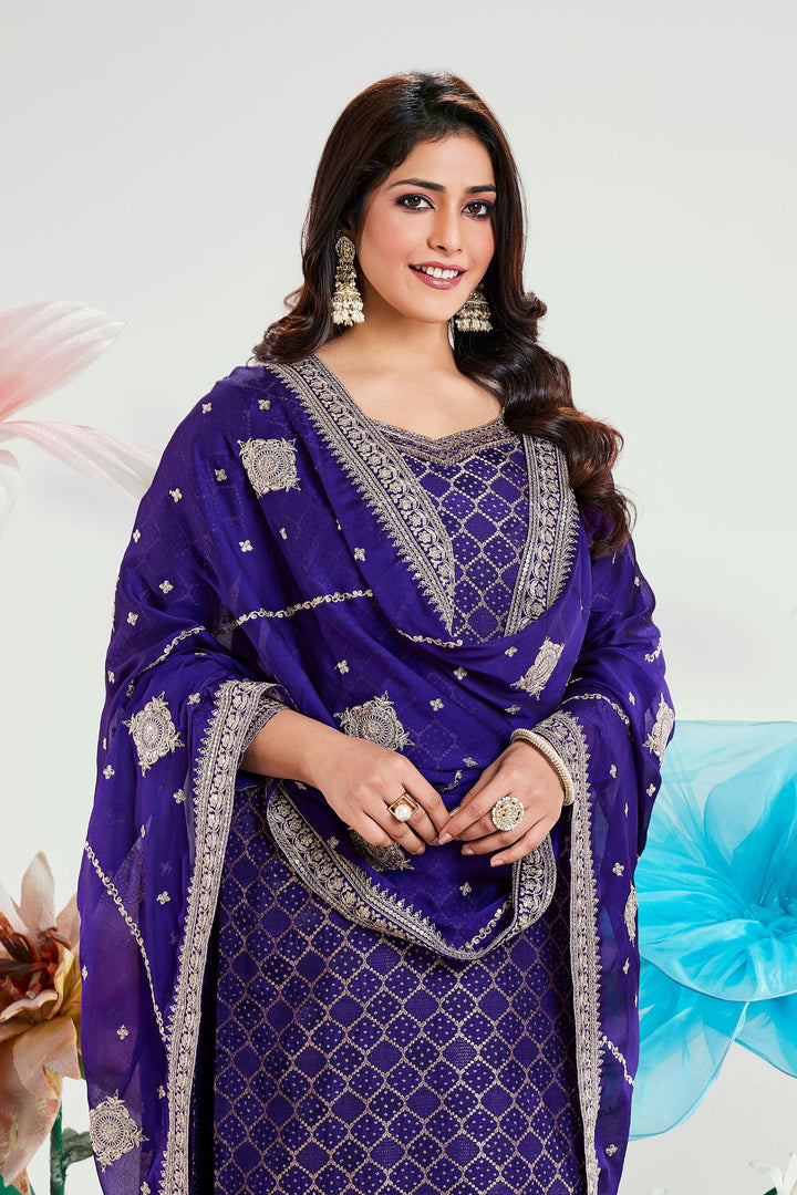 Purple Banaras, Zardozi, Mirror, Beads and Zari work Straight Cut Salwar Suit