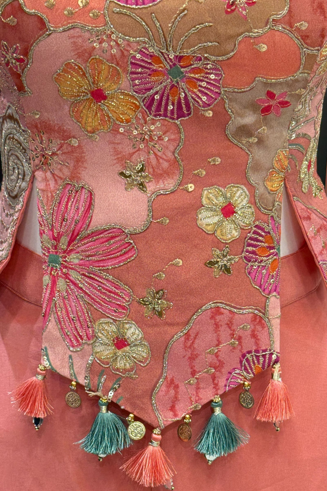 Peach Sequins, Zari, Zardozi and Stone work with Multicolor Digital Print Palazzo Suit Set