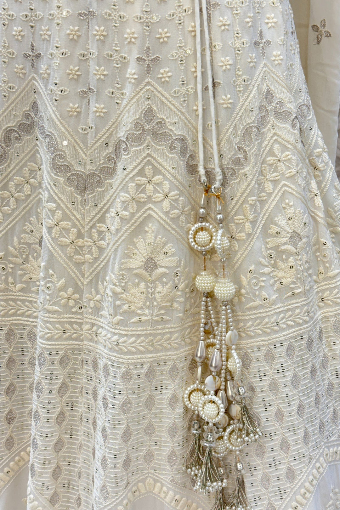 Cream Stone, Pearls, Zari, Sequins, Mirror, Beads and Embroidery work Crop Top Lehenga