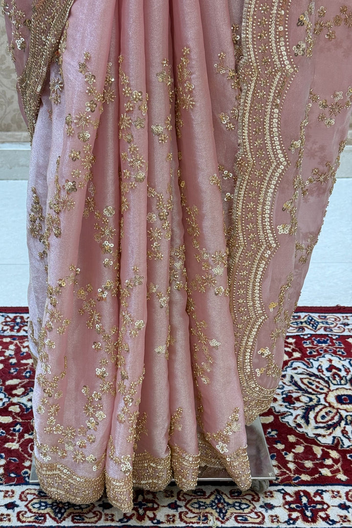 Rose Pink Zari, Beads and Sequins work Saree