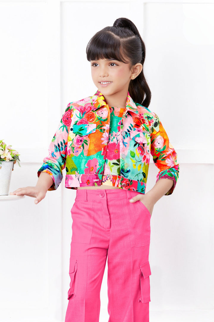 Pink with Multicolor Print Overcoat Styled Palazzo Set for Girls