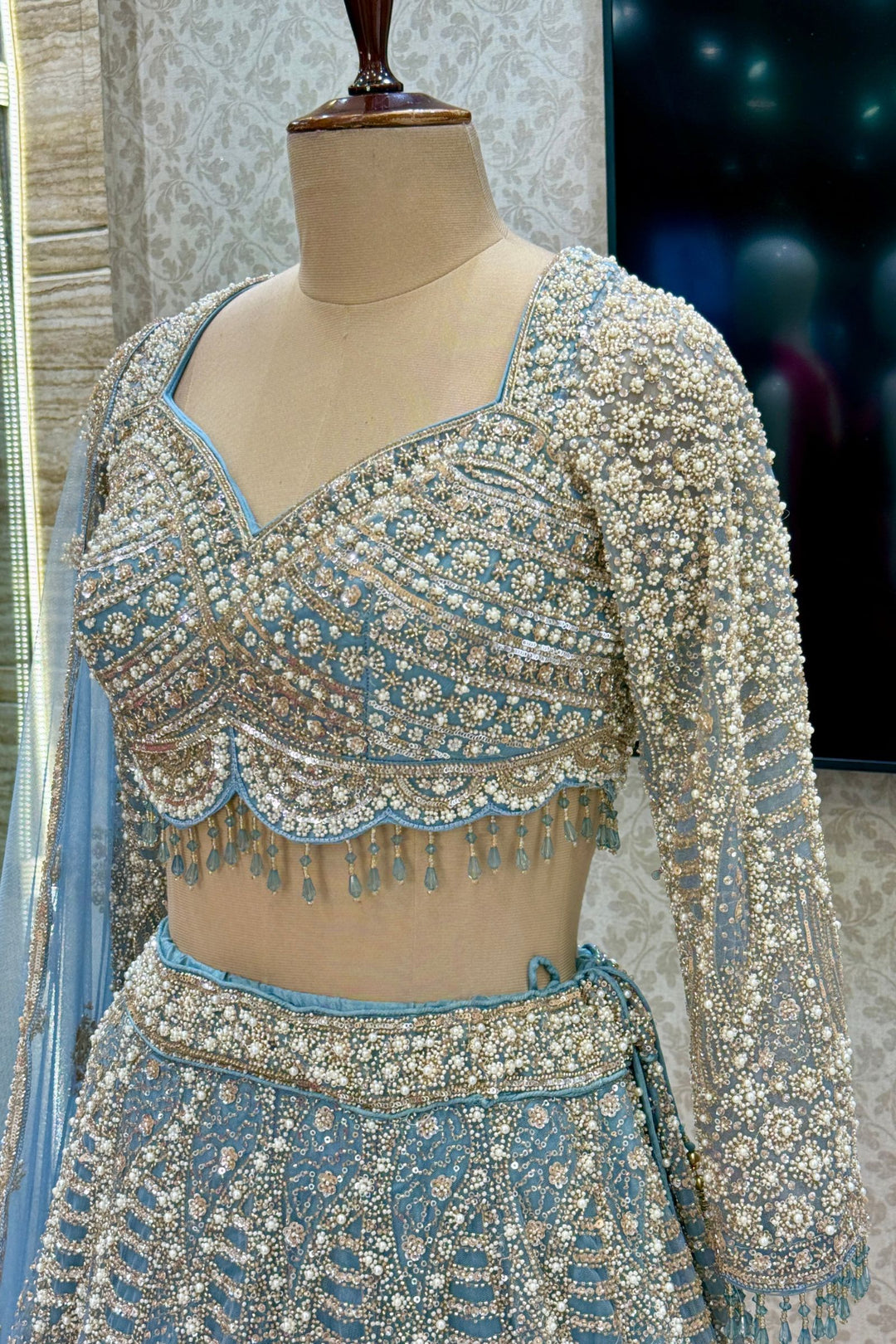 Sea Blue Bridal Lehenga with Intricate Beads, Pearl and Sequins Work