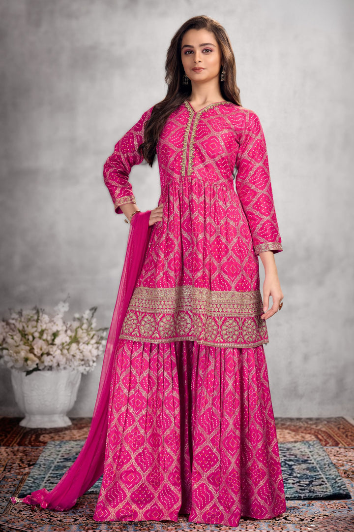 Rani Pink Sequins, Zari, Mirror and Beads work with Bandini Print Sharara Suit Set for Girls
