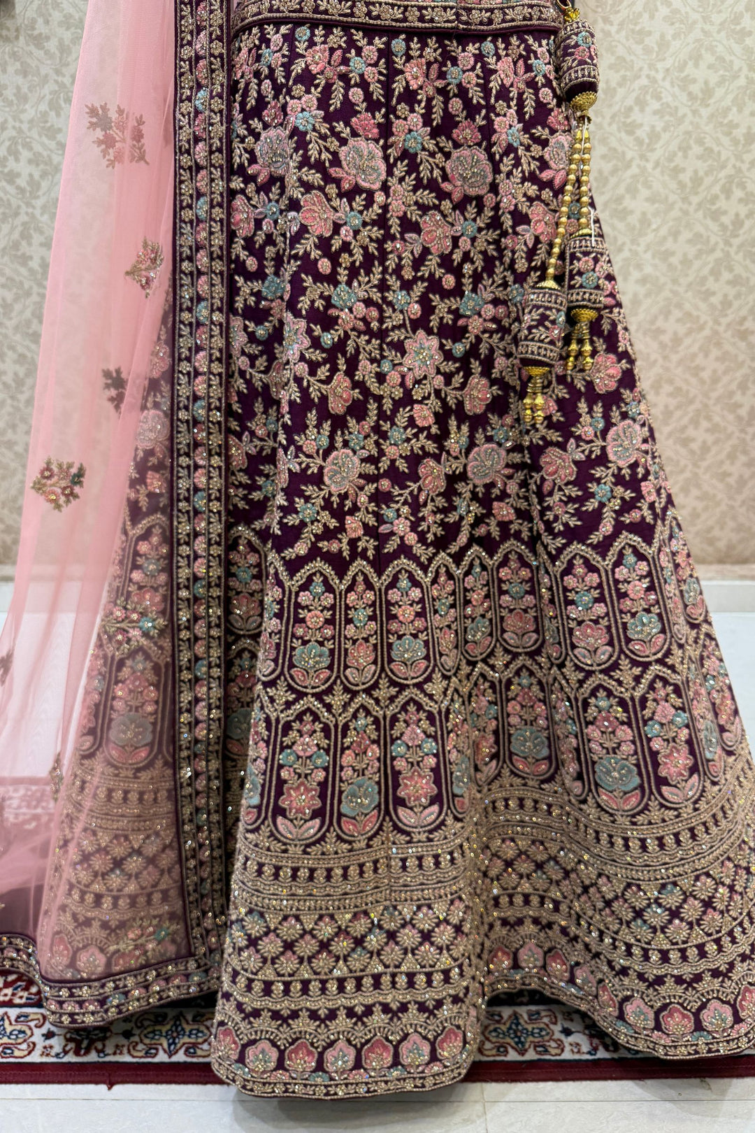 Designer Bridal Wine Lehenga with Rich Multicolor Embroidery, Stone and Beads Work