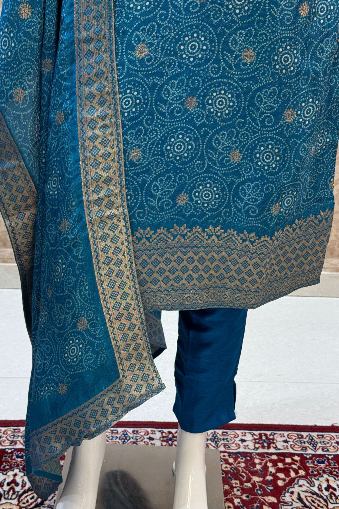 Rama Blue Zari Weaving and Banaras work with Bandini Print Straight Cut Salwar Suit