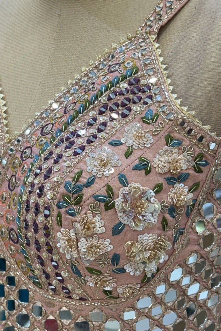 Light Peach Mirror, Sequins, Embroidery, Zardozi and Beads work Crop Top Lehenga