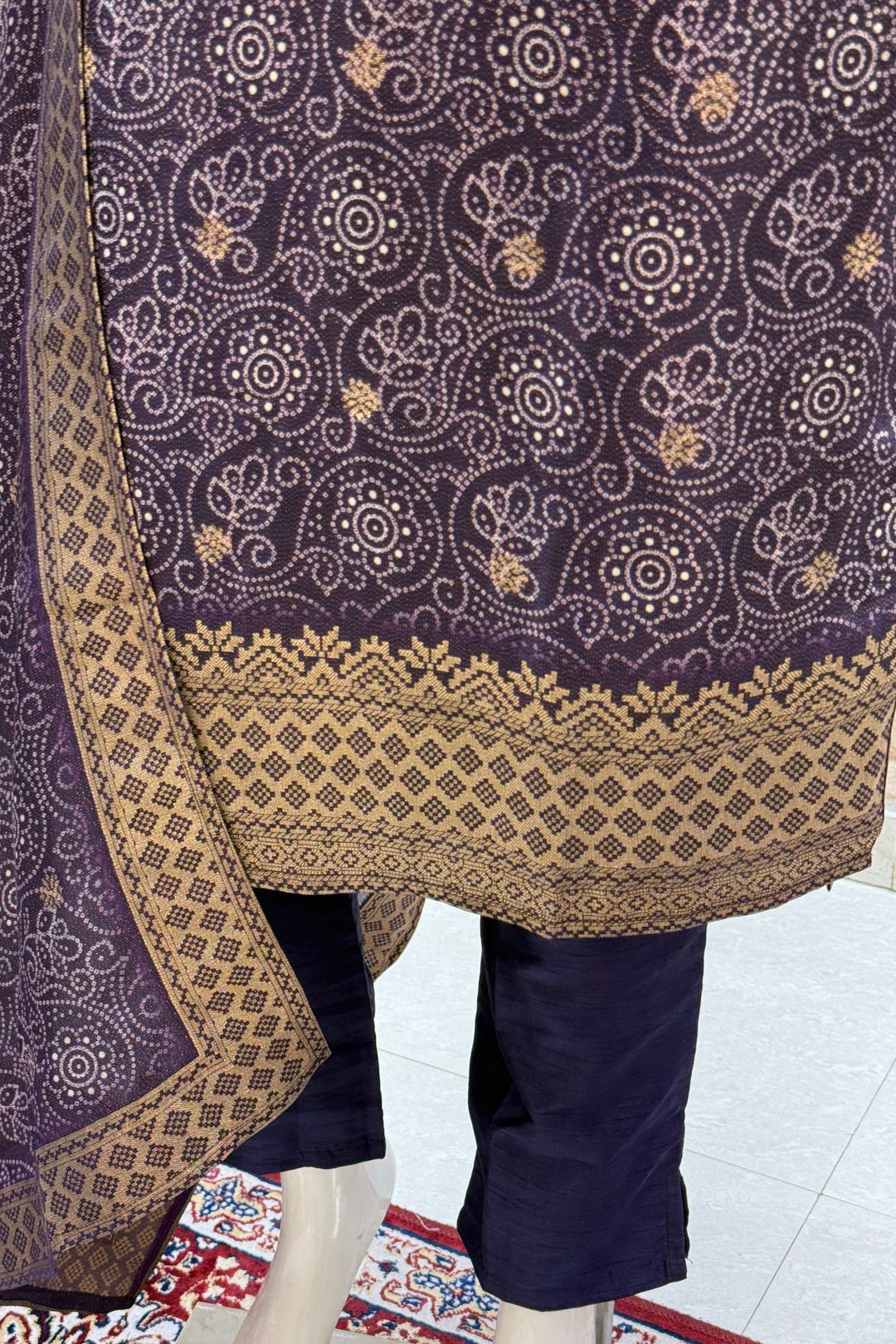 Purple Zari Weaving and Banaras work with Bandini Print Straight Cut Salwar Suit