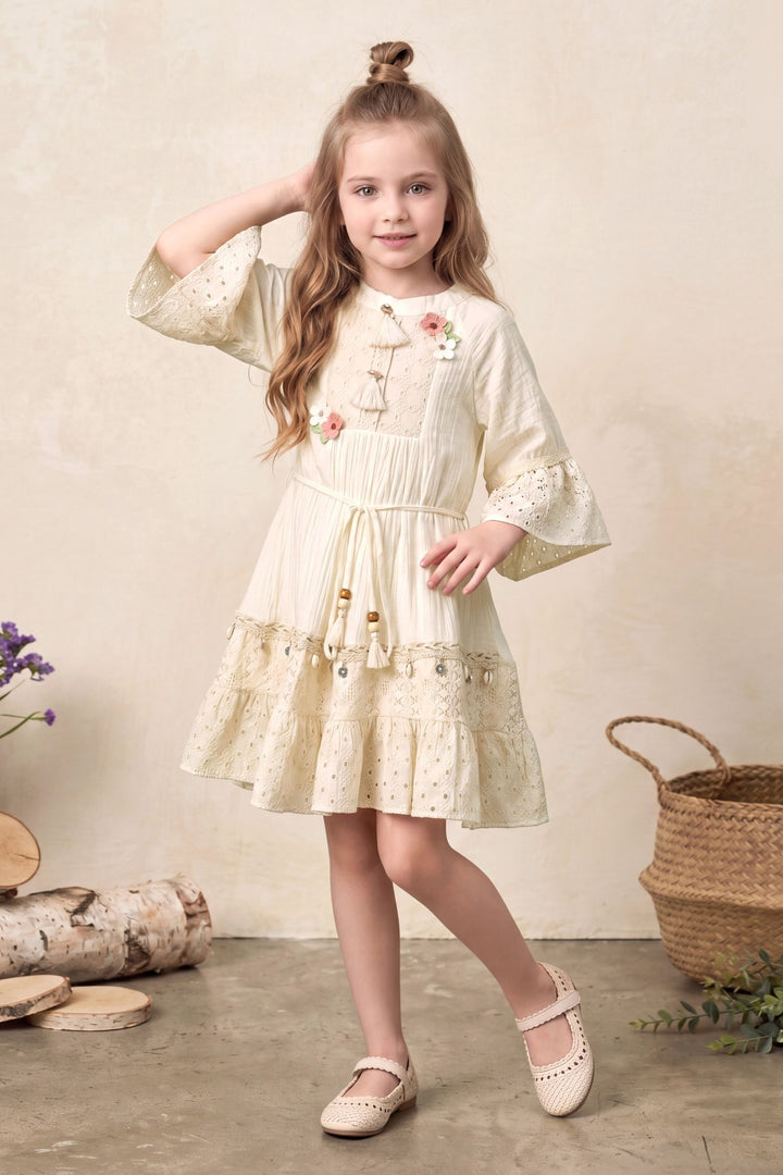 Cream Embroidered Lace Short Frock For Girls