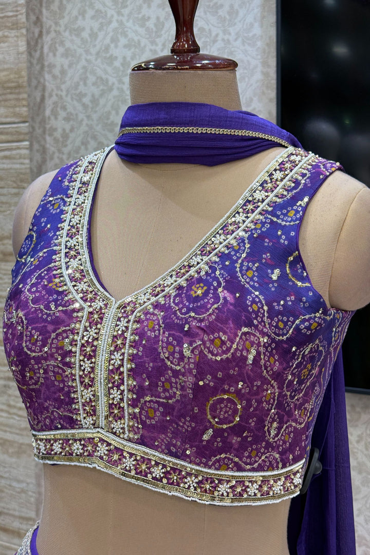Purple Zari, Sequins and Beads work with Bandini and Leheriya Print Crop Top Lehenga