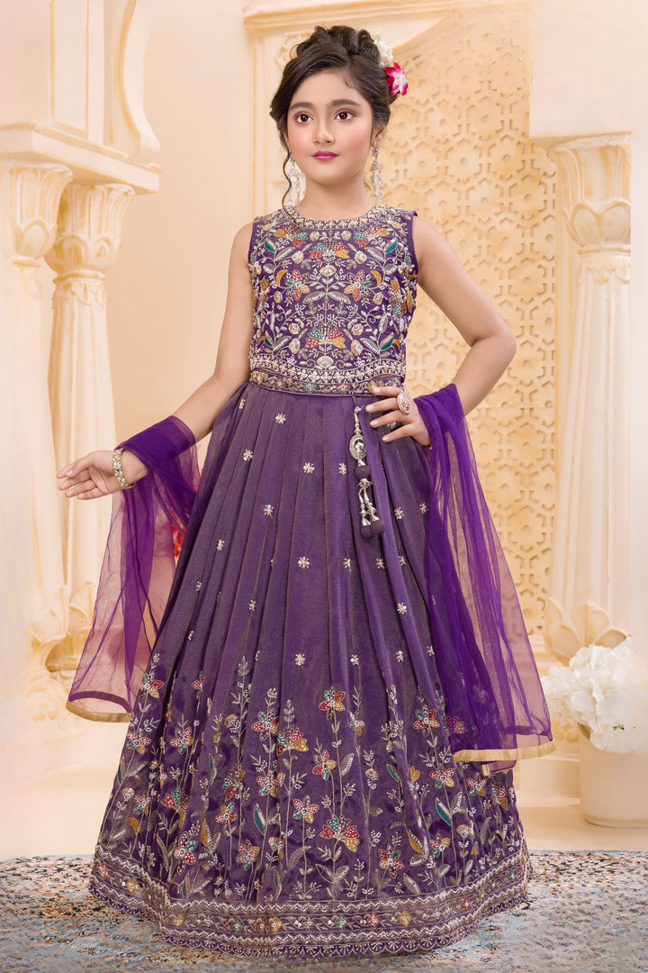 Purple Multicolor Thread, Beads, Zari and Sequins work Lehenga Choli for Girls