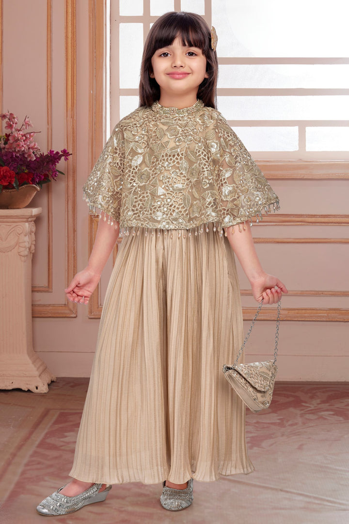 Fawn Embroidery, Beads and Sequins work Poncho Styled Palazzo Set for Girls