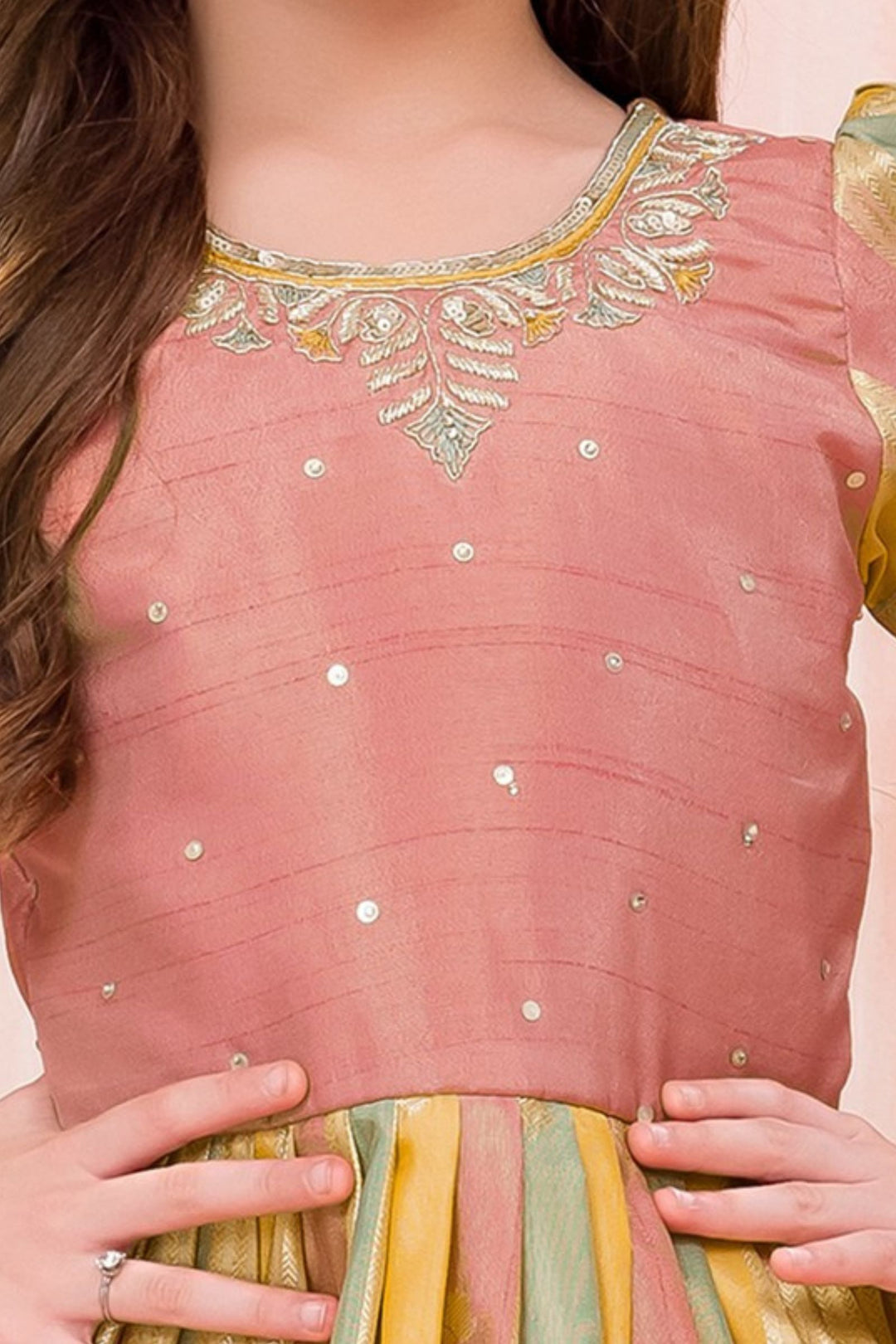 Peach Zardozi and Zari work with Multicolor Long Party Gown for Girls
