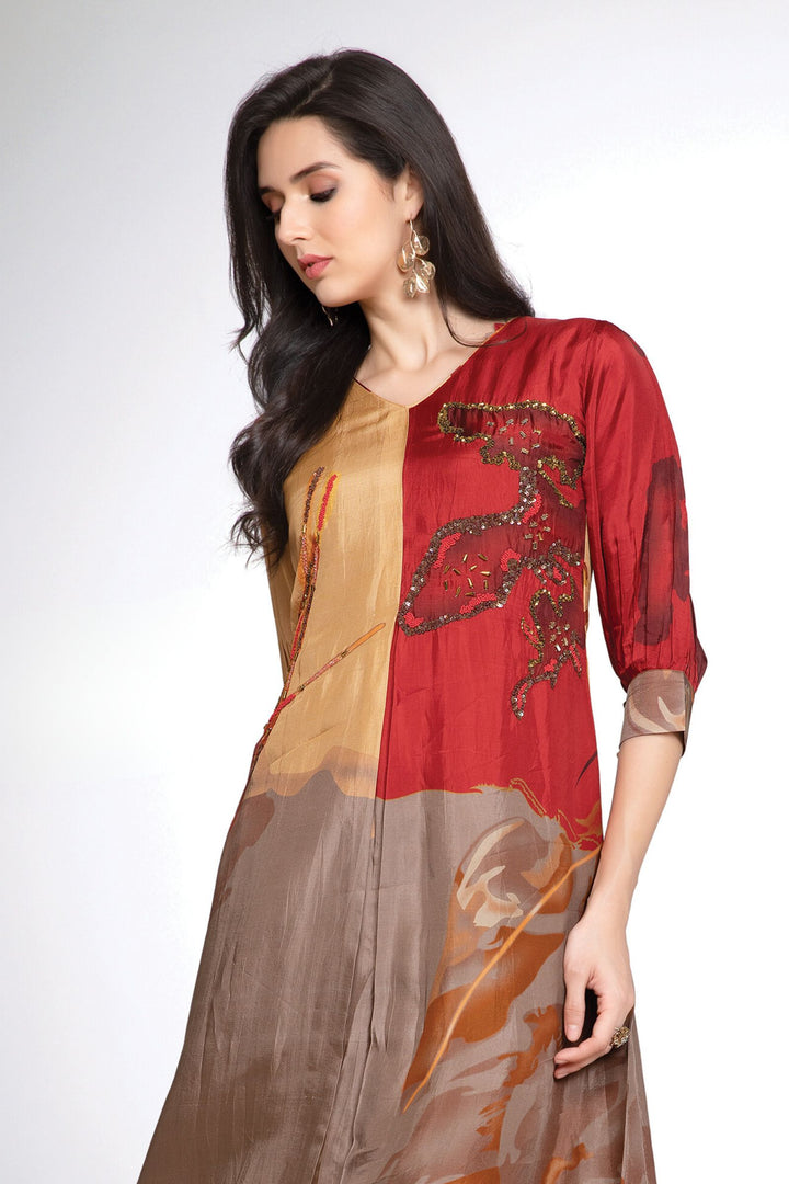 Multicolor Printed, Beads, Sequins and Stone work Calf Length Kurti