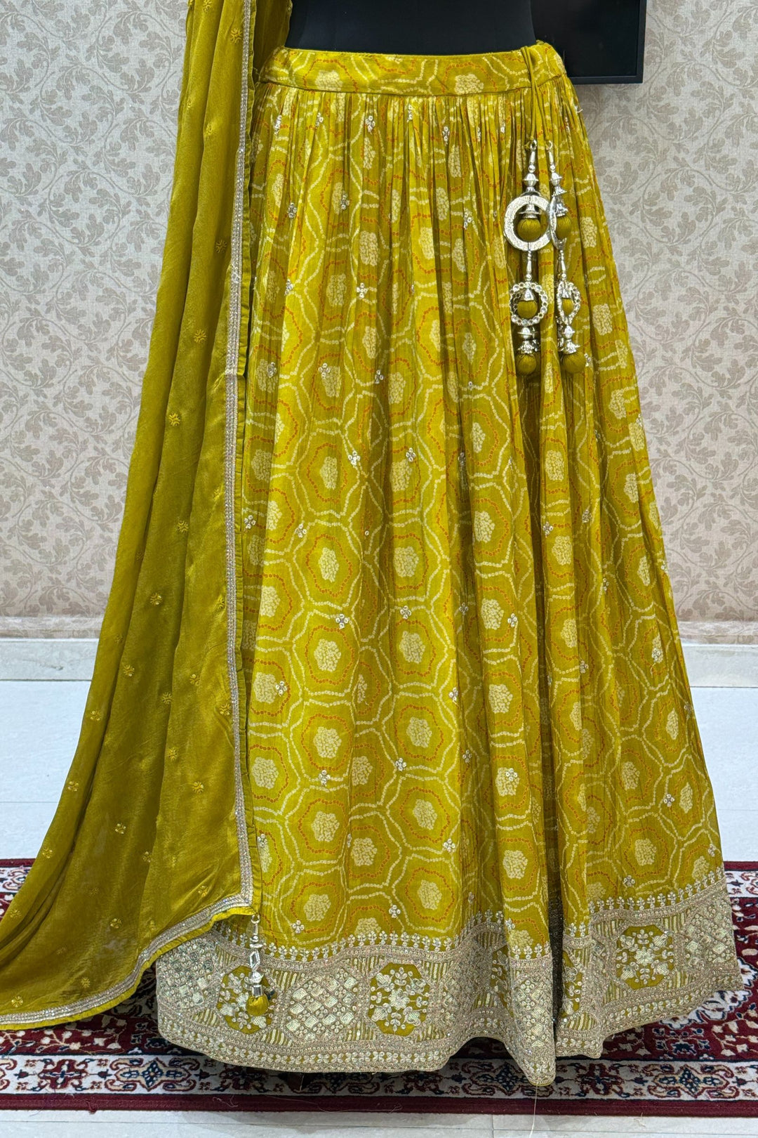 Liril Green Stone, Zardozi, Sequins and Mirror work with Bandini Print Crop Top Lehenga