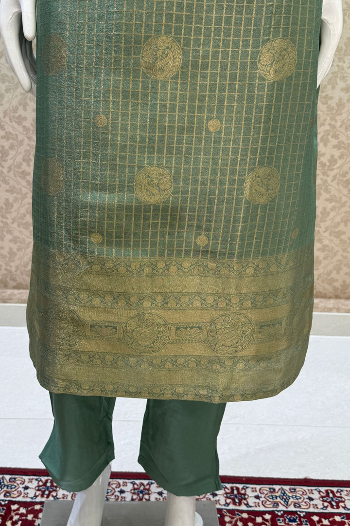 Sea Green Banaras, Beads, Pearl, Zardozi, Thread and Mirror work Straight Cut Salwar Suit