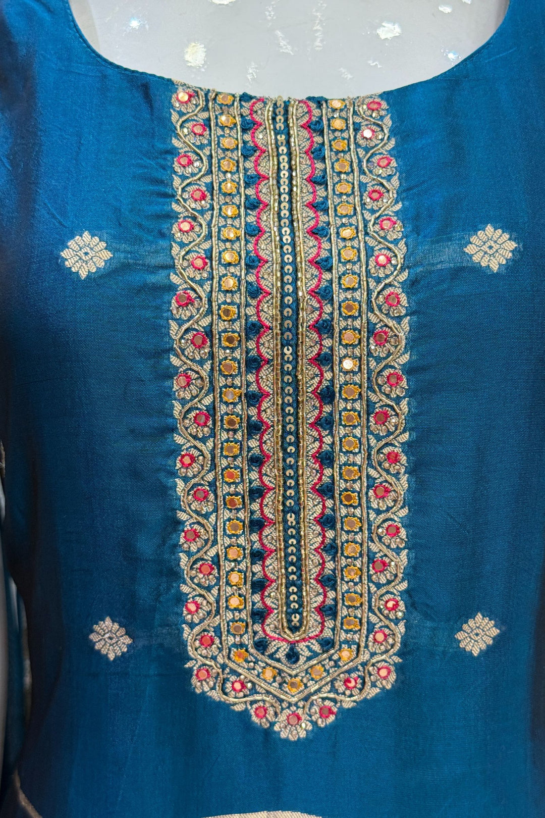 Peacock Blue Banaras, Beads and Sequins work Straight Cut Salwar Suit