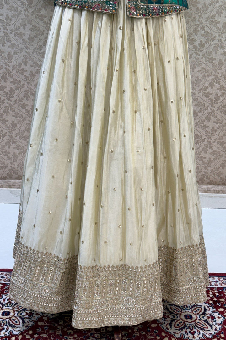 Green with Cream Banaras, Beads, Sequins, Zari and Stone work Peplum Style Lehenga
