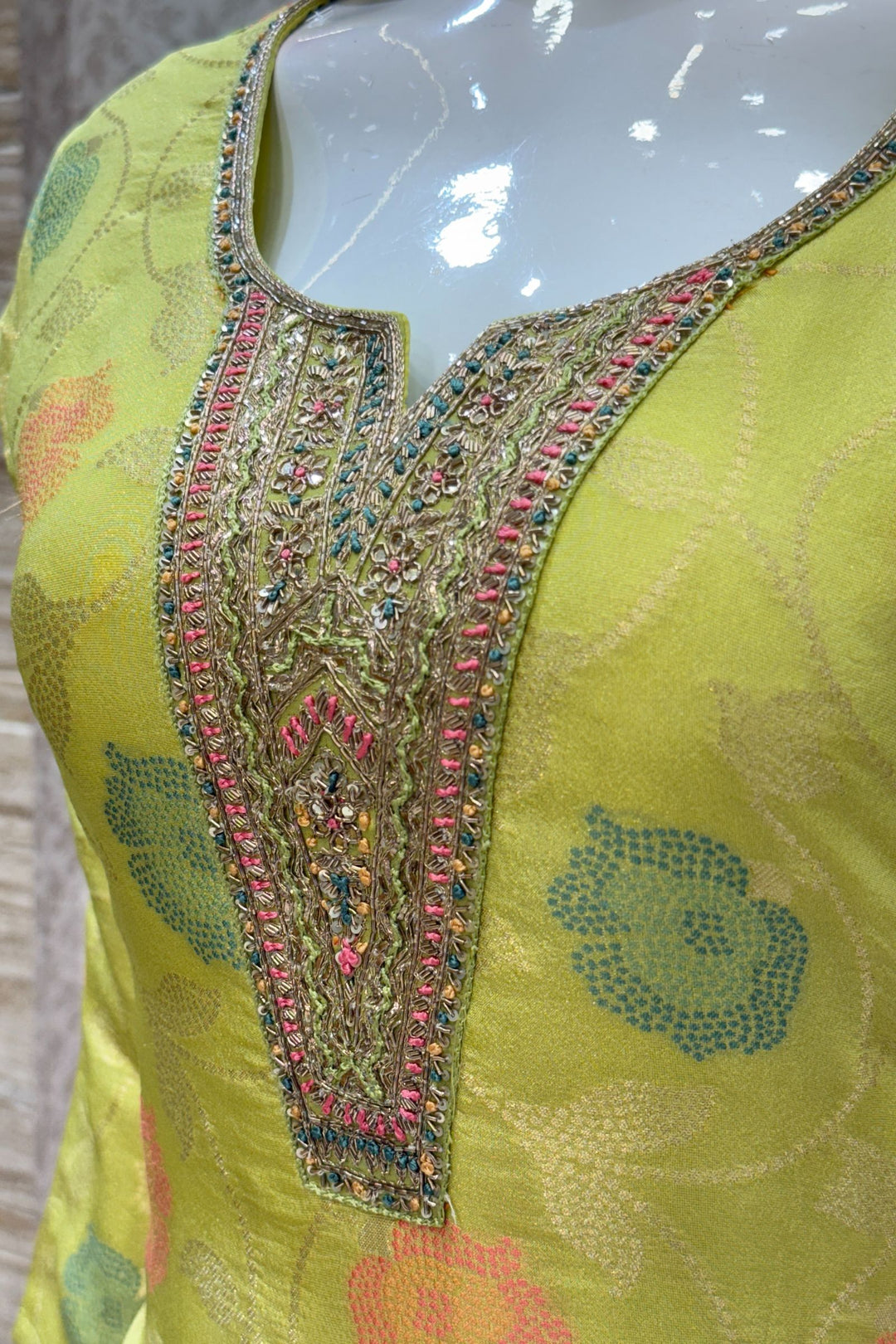 Lemon Green Jacquard, Sequins, Zari, Thread and Beads work Straight Cut Salwar Suit