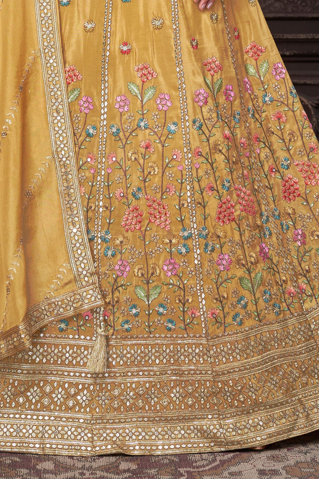 Mustard Multicolor Embroidery, Zari and Sequins work Crop Top Lehenga