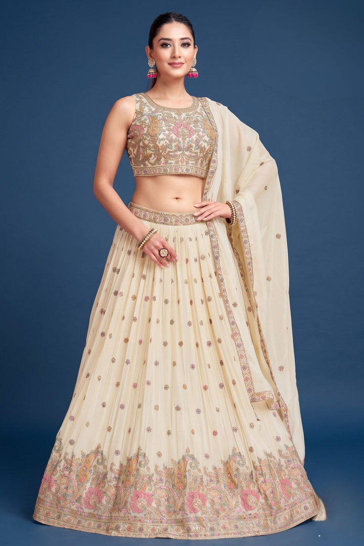Cream Multicolor Embroidery, Sequins and Zari work Lehenga Set