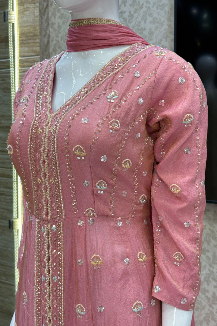Rose Pink Beads, Sequins and Thread work Long Top with Straight Pant