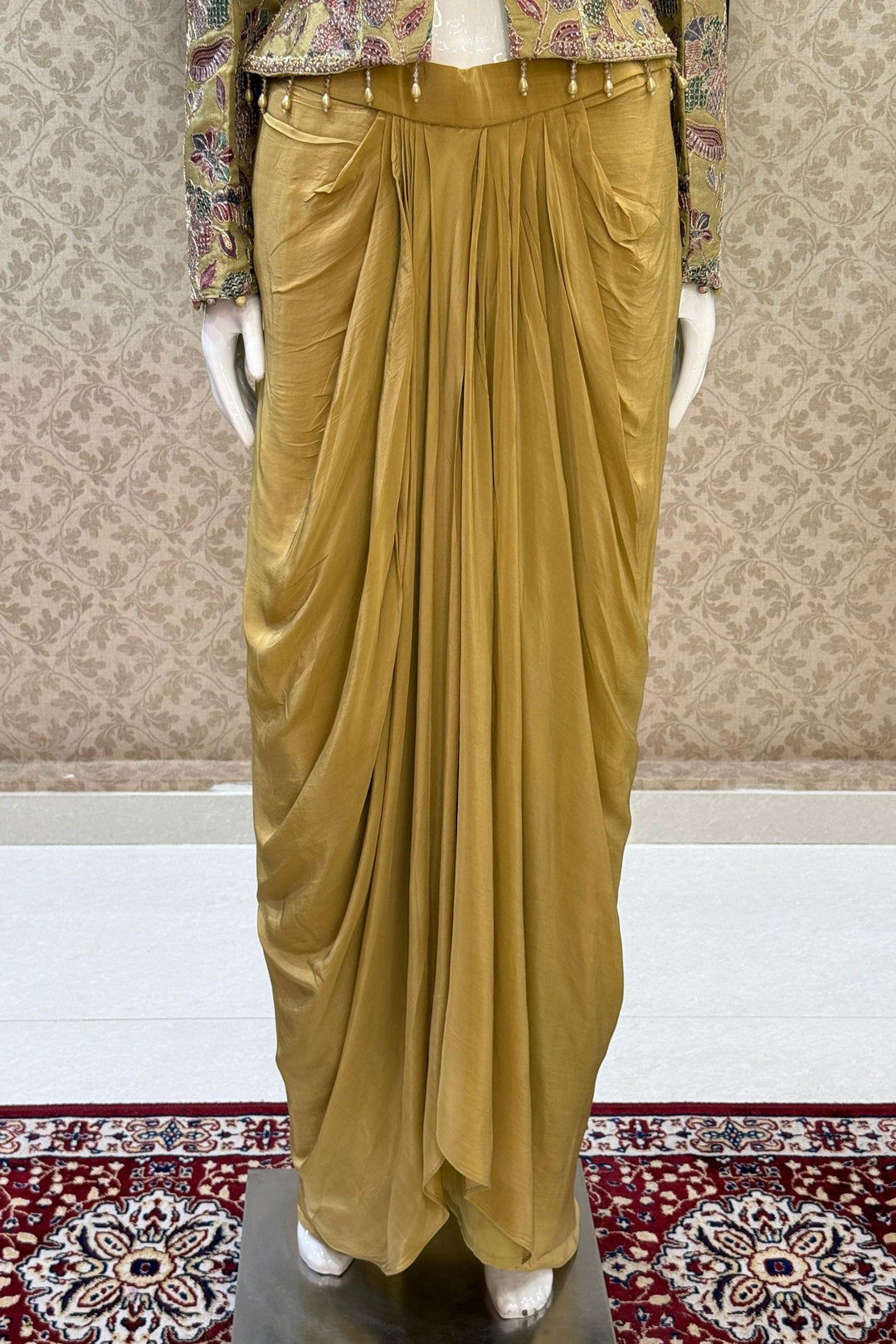 Green Beads, Zari and Sequins work with Floral Print Crop Top and Cowl Skirt