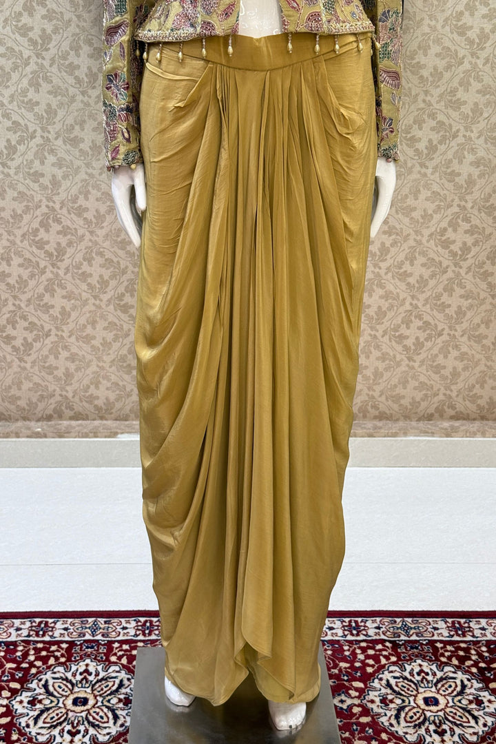 Green Beads, Zari and Sequins work with Floral Print Crop Top and Cowl Skirt