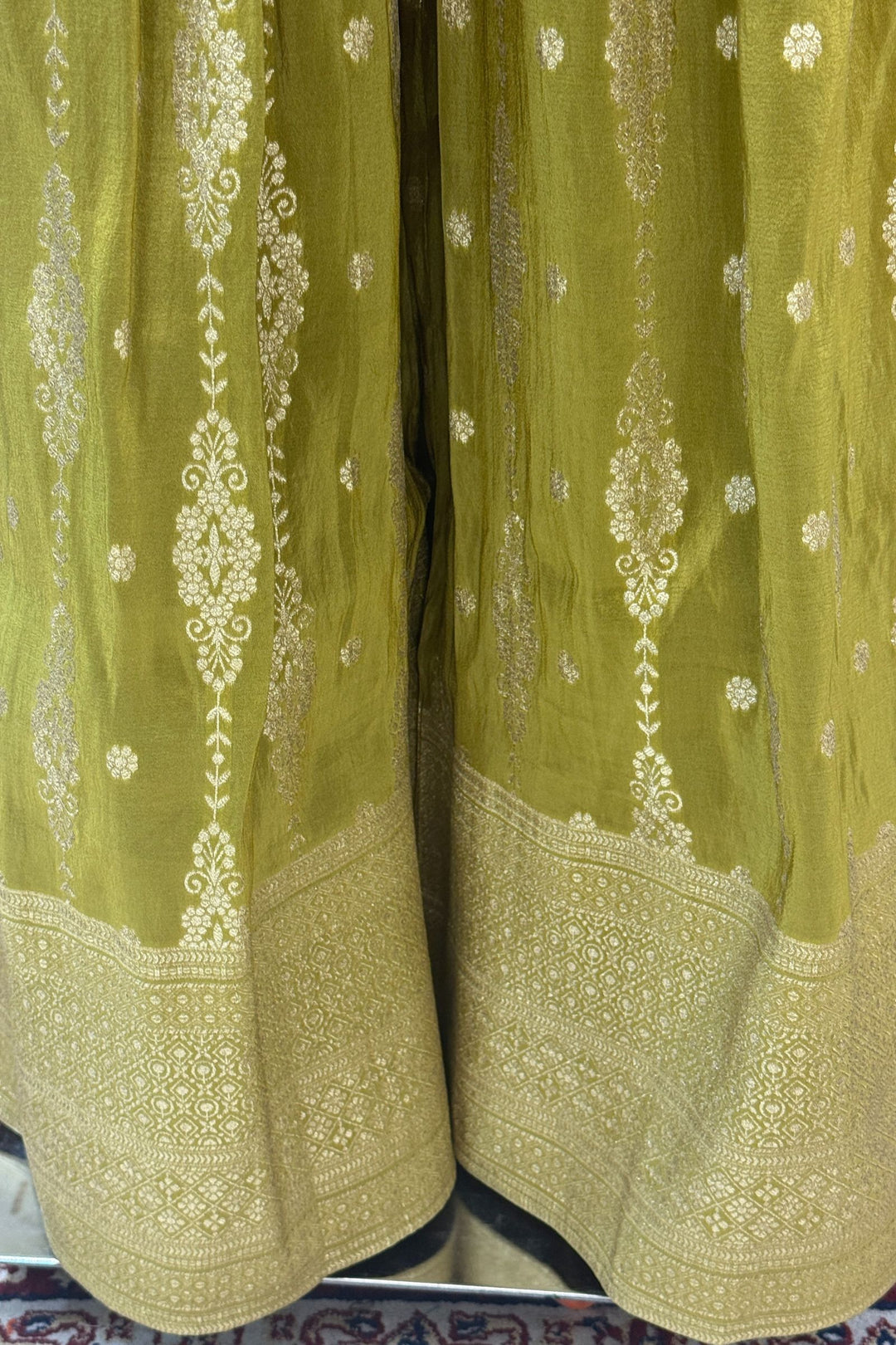 Olive Green Zardozi, Sequins, Banaras and Embroidery work Crop Top with Palazzo Pant