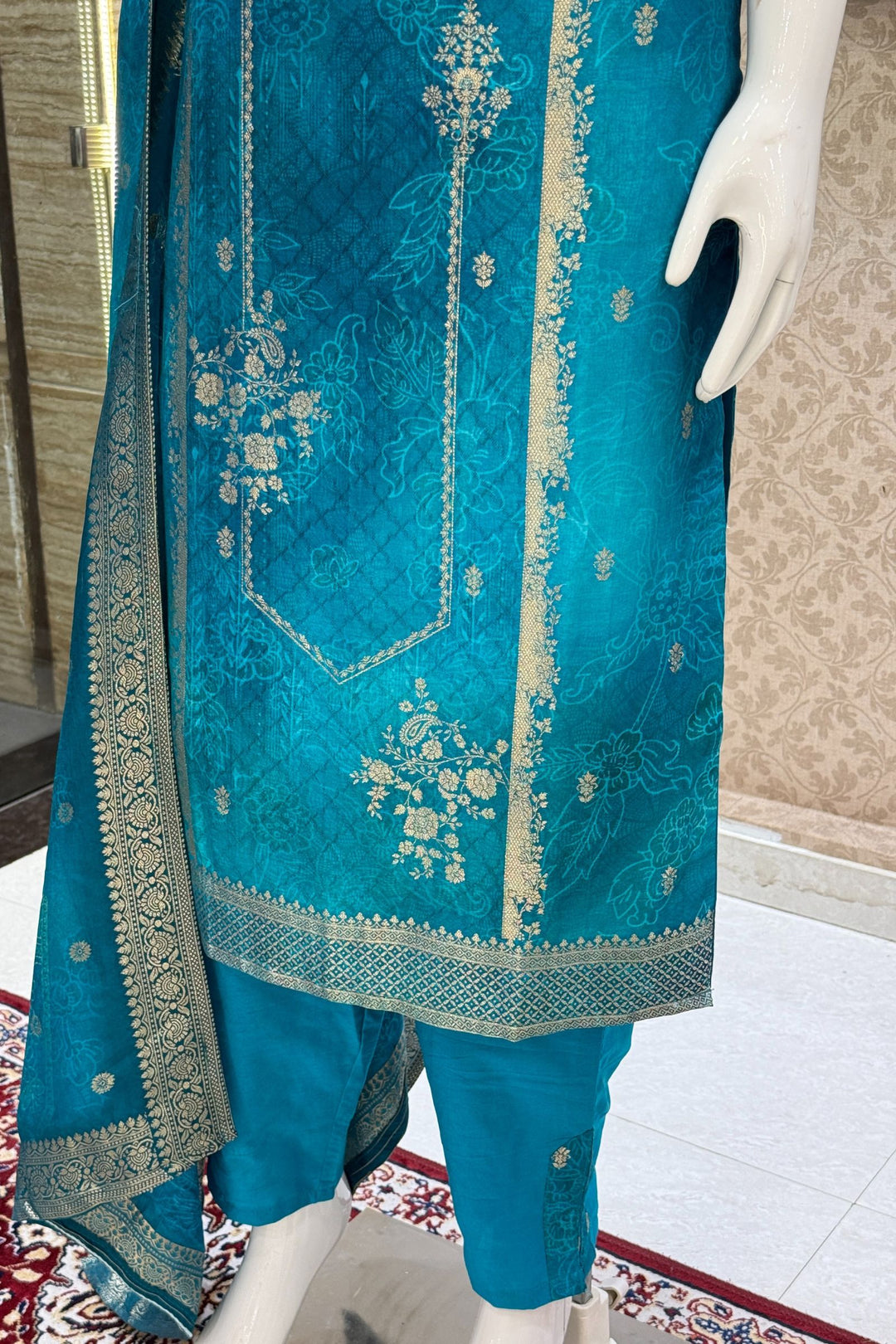 Rama Blue Banaras, Zardozi, Beads, Stone and Zari work Straight Cut Salwar Suit