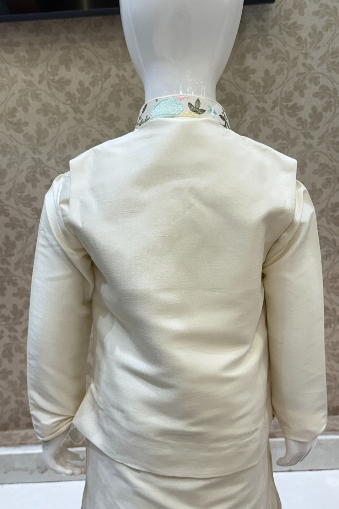 Cream with Multicolor Embroidery and Sequins work Waist Coat Kurta Set for Boys