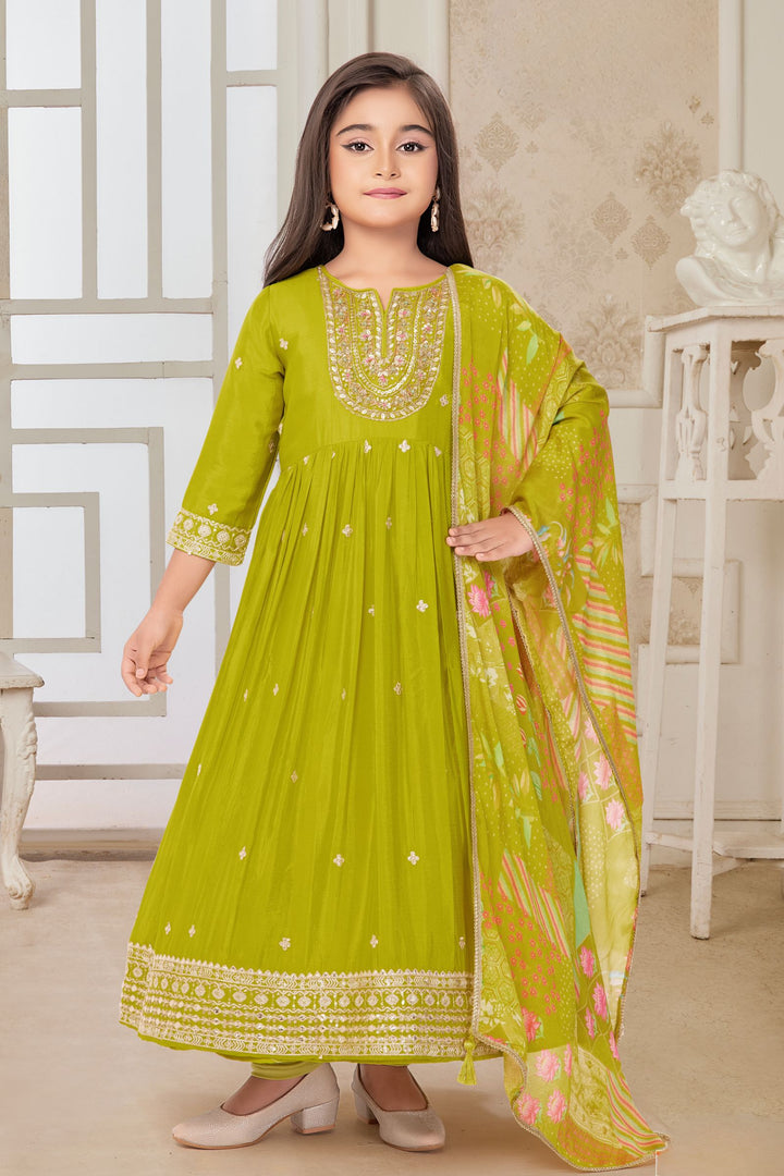 Green Sequins, Zari, Zardozi, Beads and Thread work Anarkali Style Salwar Suit for Girls