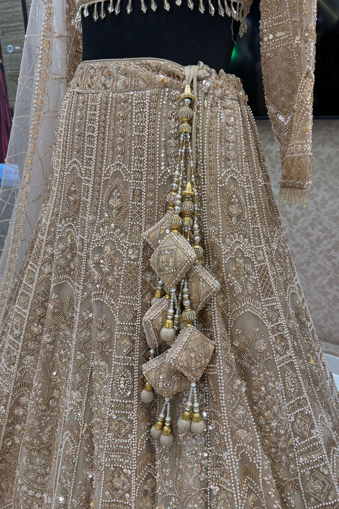 Beige Sequins, Pearl and Zari work Flared Lehenga Set with Peacock Motifs