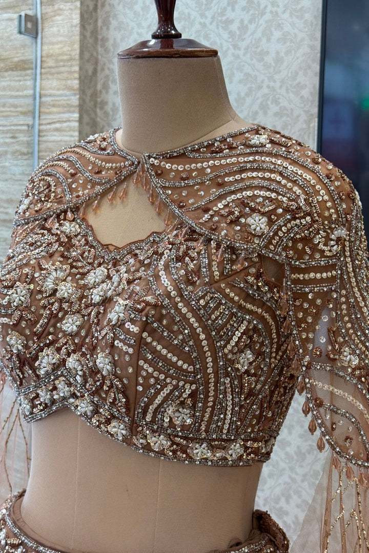 Designer Copper Brown Lehenga with Intricate Beads, Stone and Sequins work