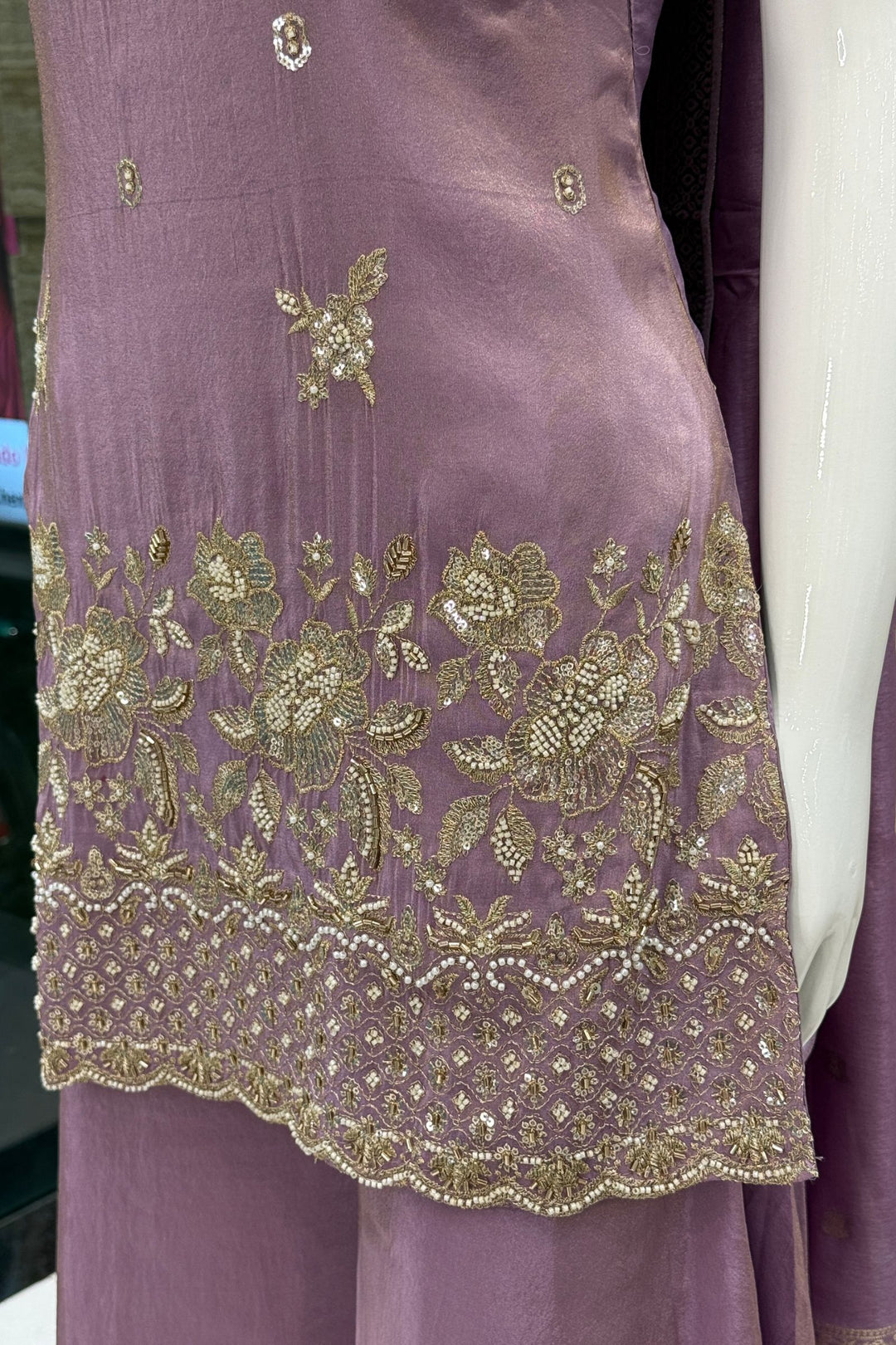 Lilac Beads, Zari and Sequins work Top with Flared Palazzo Set