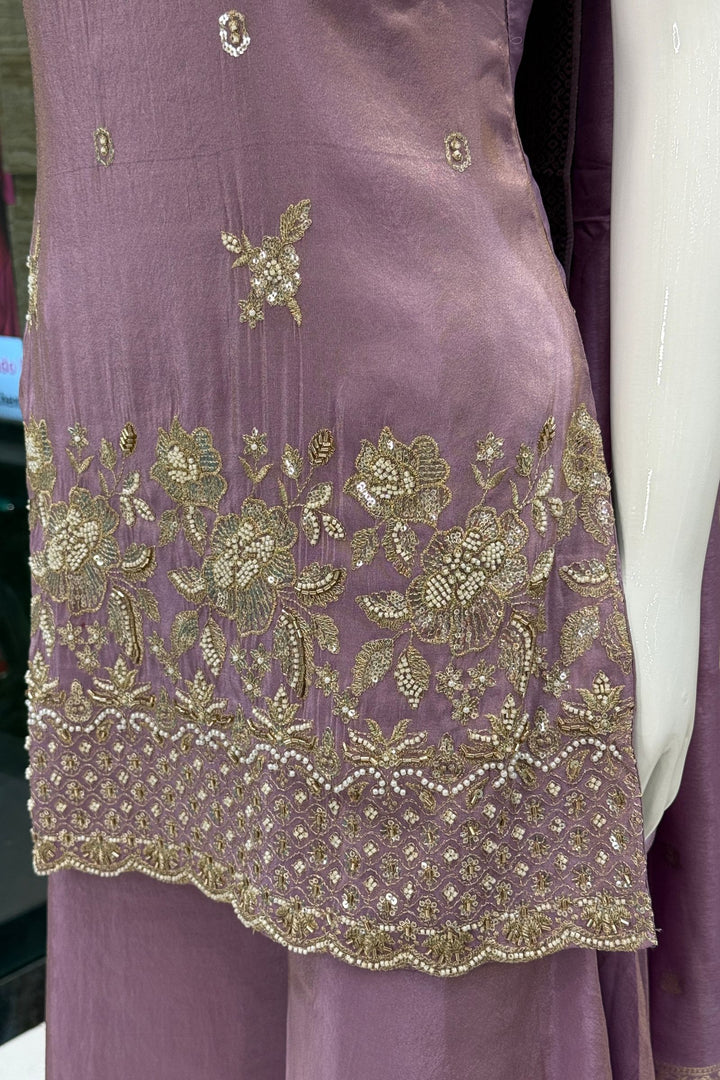 Lilac Beads, Zari and Sequins work Top with Flared Palazzo Set