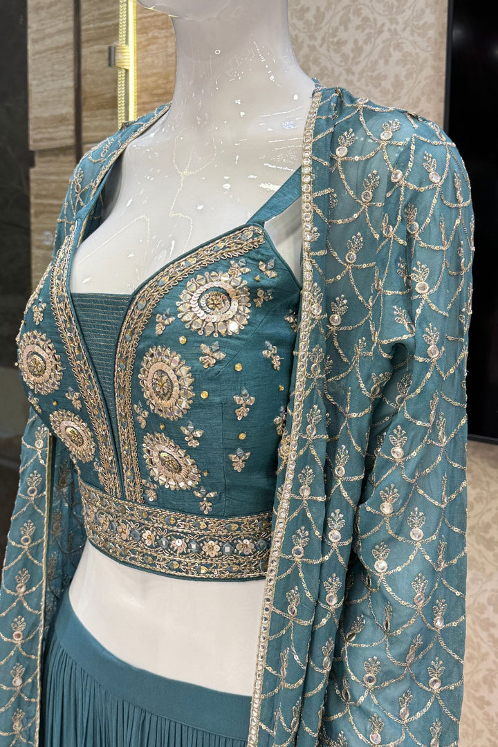 Green Mirror, Zardozi, Sequins and Beads work Overcoat Styled Palazzo Suit Set