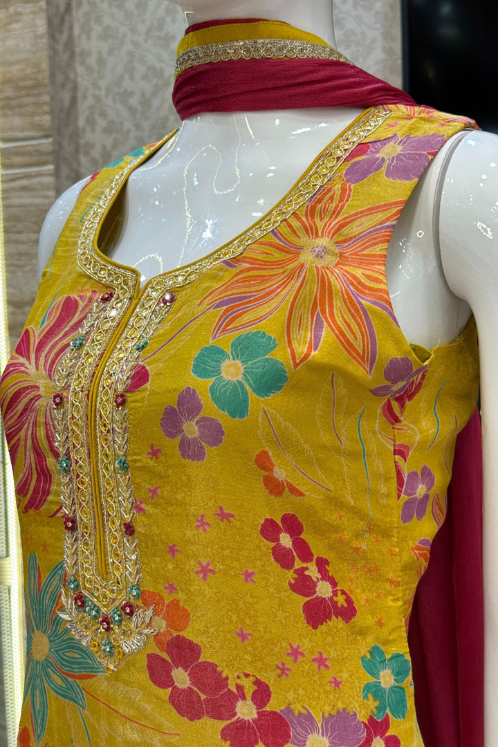 Yellow Zardozi, Beads, Sequins and Stone work with Floral Print Straight Cut Salwar Suit