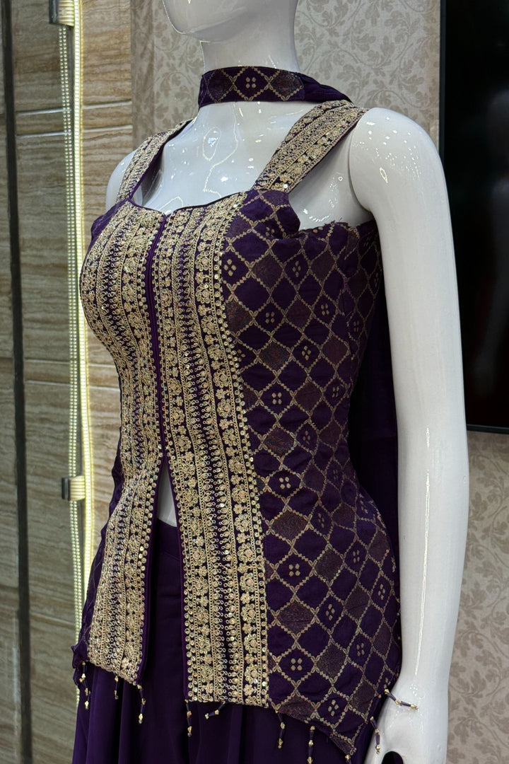Purple Banaras Zari, Sequins and Zari Thread work Palazzo Suit Set