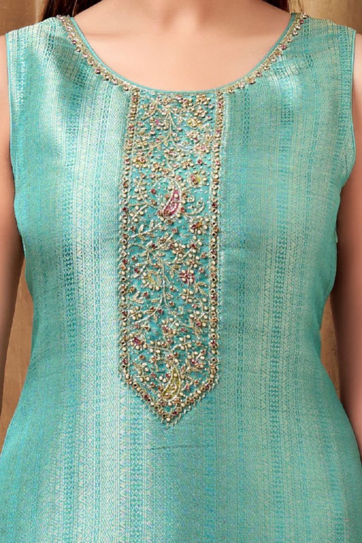 Rama Blue Brocade, Beads, Kundan and Stone work Straight Cut Salwar Suit