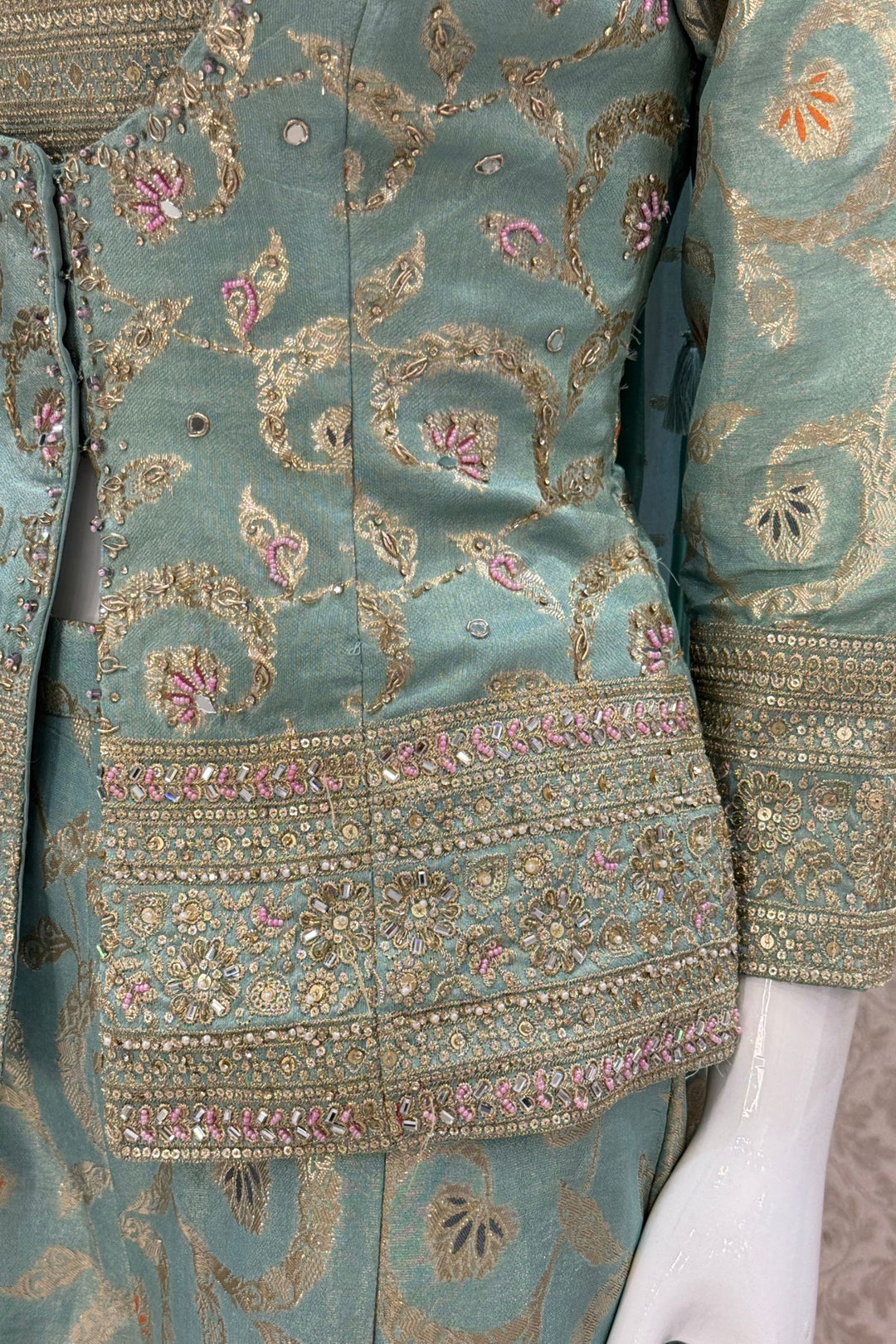 Sea Green Palazzo Set with Beads, Sequins and Zari work with Choker Dupatta