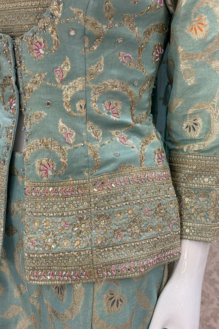Sea Green Palazzo Set with Beads, Sequins and Zari work with Choker Dupatta