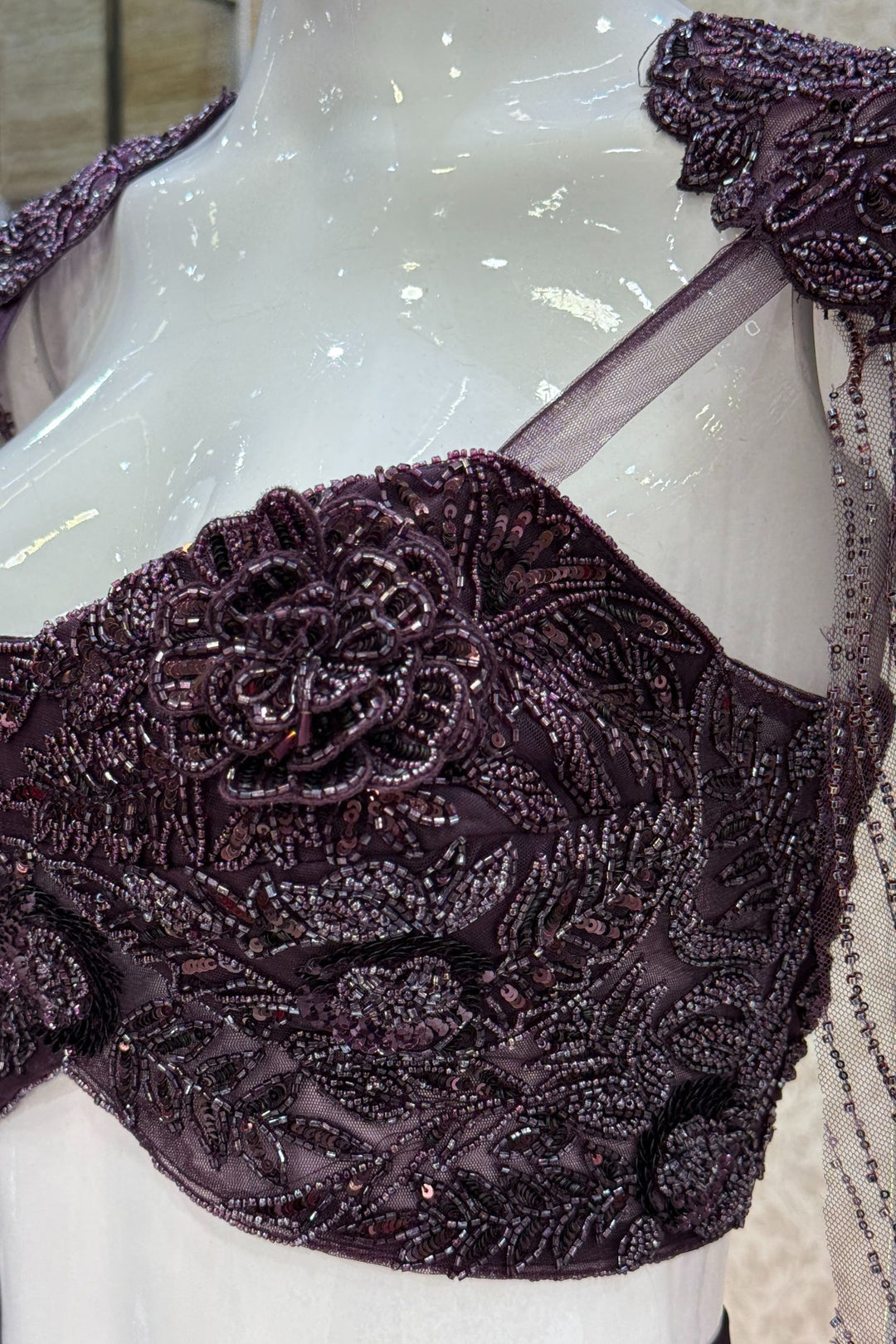 Wine Indo-Western Styled Beads and Sequins work Crop Top and Cowl Skirt