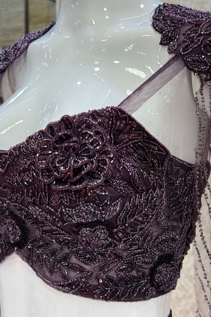 Wine Indo-Western Styled Beads and Sequins work Crop Top and Cowl Skirt