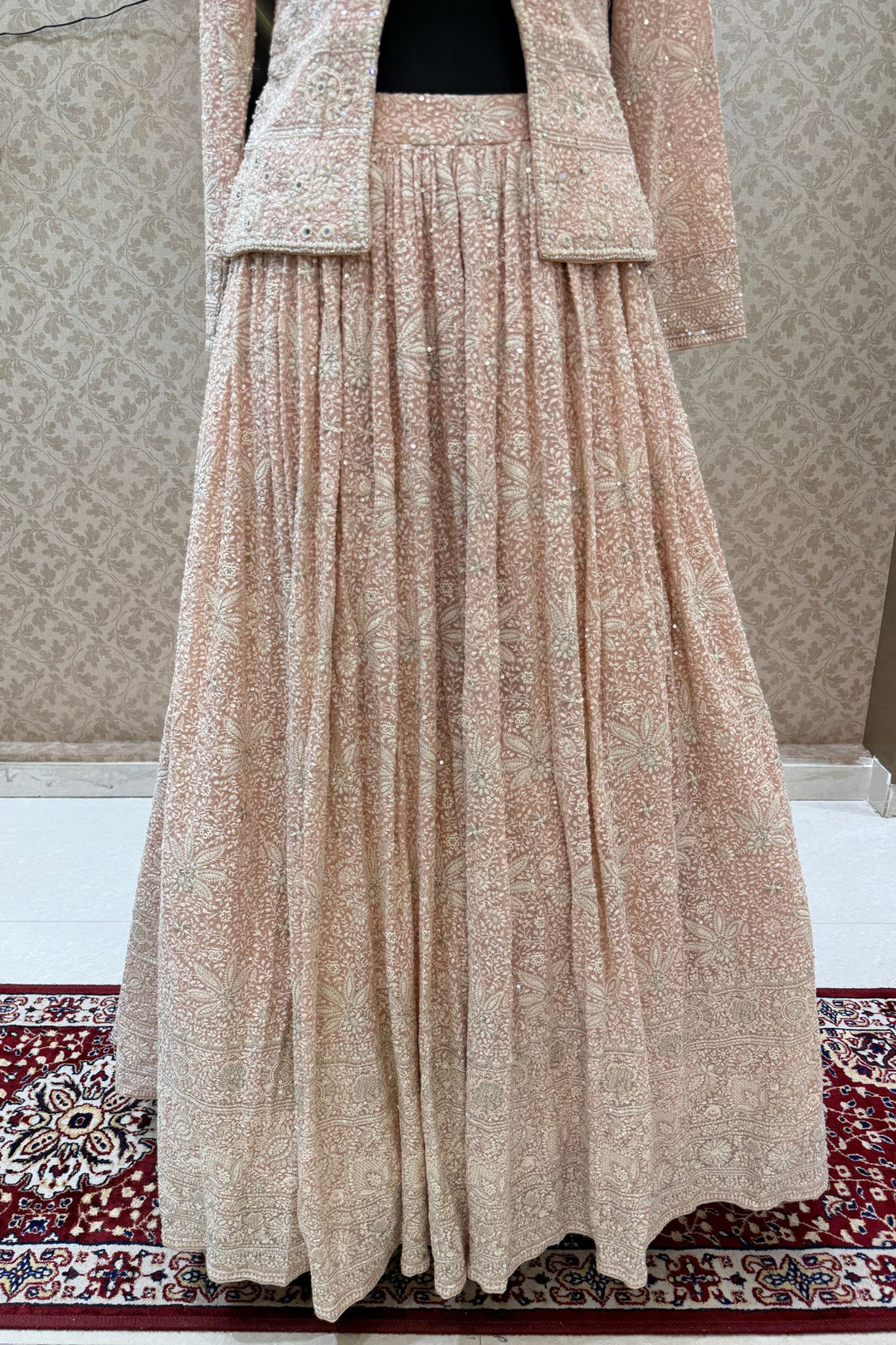 Peach Lucknowi, Sequins, Mirror, Beads and Zari work Crop Top Lehenga