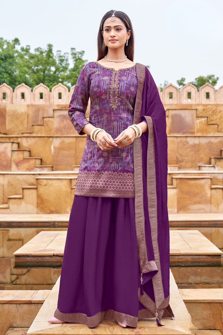 Purple Mirror, Zari, Beads, Stone and Banaras work with Digital Print Palazzo Salwar Suit